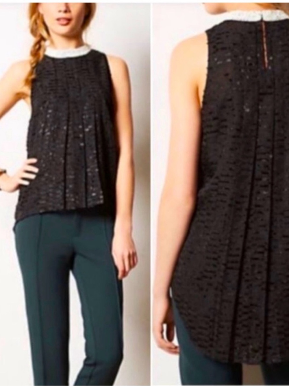Sachin Babi Black Lace Pearl Beaded Mock Neck Hi-Low Swing Top 6